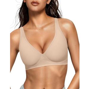 OEAK Womens Deep V Bras Wireless Comfortable Bra Supportive No Underwire Bras Tshirt Push Up Bralettes Plunge Seamless Bra (Medium, Dark Beige)