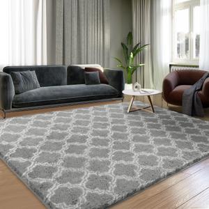Puremy Shag Area Rug 5x7 Feet Extra Soft Rugs for Living Room, High Pile Indoor Carpet for Bedroom, Kids Room, Nursery, Home Decor, Geometric, Light Grey/White