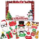 Christmas Photo Booth Props Party Decorations with Photo Frame, Christmas Party Selfie Accessories for Xmas Holiday Party Table Decor