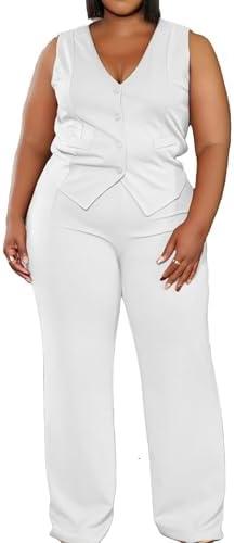 Women's Plus Size Pant Suits 2 Piece Outfits Button Vest Blazer Pockets Wide Leg Pants Sets Casual Pantsuits, Size: 2XL