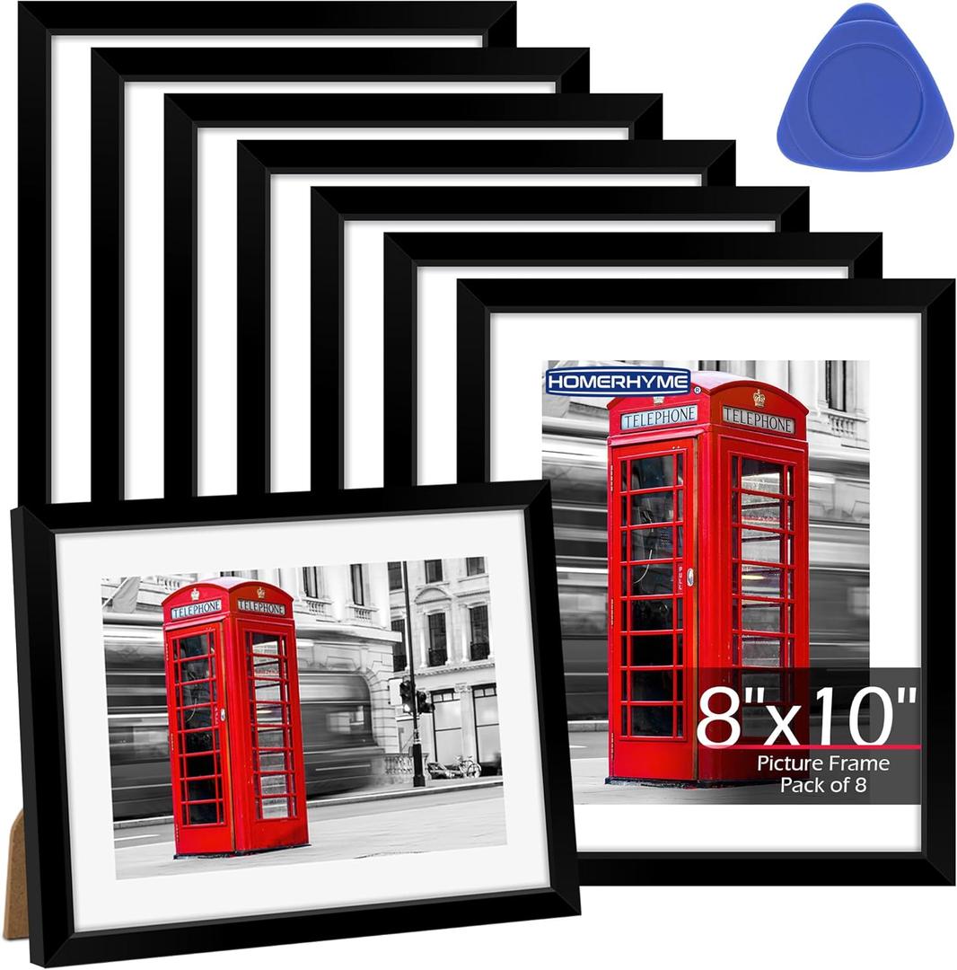 HOMERHYME 8x10 Picture Frame Set of 8, Black Photo Frames for Tabletop or Wall Display, Fits Pictures 5x7 with Mat or 8x10 Without, Frame Collage with HD Plexiglass for Home Wall Decor, with Gadget