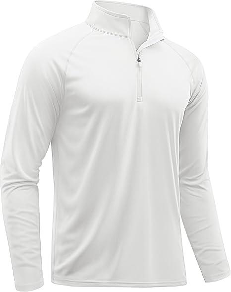 Men's Long Sleeve Athletic Shirts 1/4 Pullover Zip Sun Protection Rash Guard UPF 50+ Outdoor Running T-Shirts, White, Size M