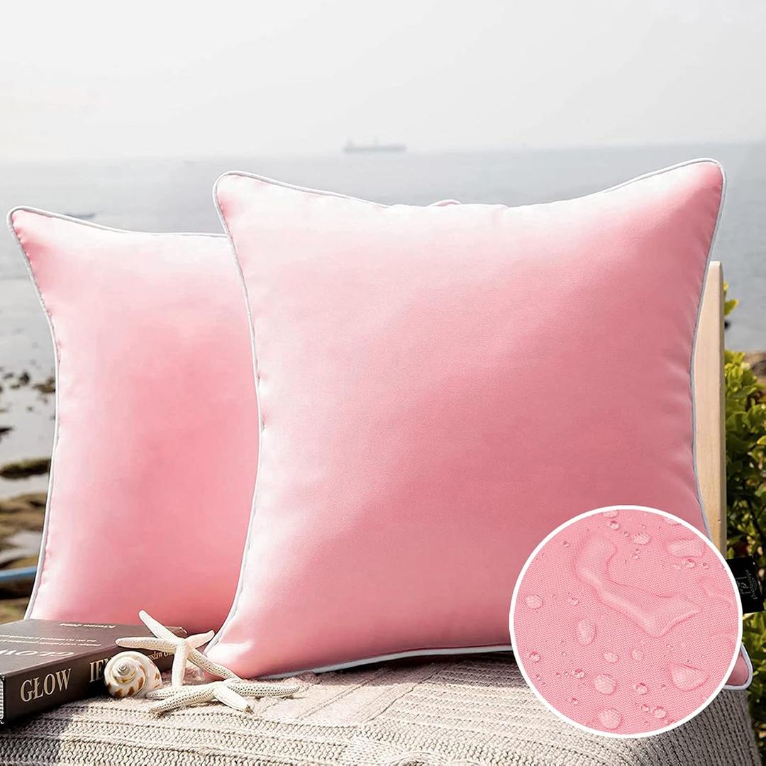 Phantoscope Pack of 2 Outdoor Waterproof Solid Throw Decorative Pillow Cover Decorative Square Outdoor Pillows Cushion Case Patio Pillows for Couch Tent Sunbrella (18''x18'', Pink)