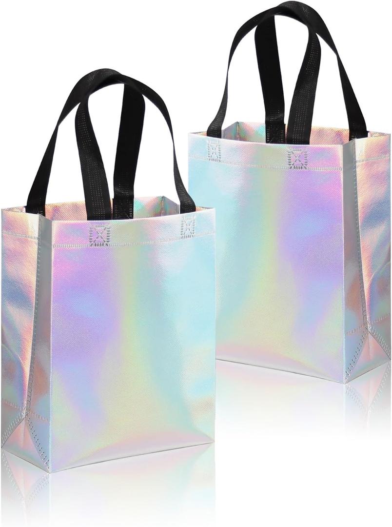 huichuan 12 Pack Iridescent Gift Bags Bulk, Waterproof Non-woven Holographic Bag with Sturdy Bases, Medium Size Reusable Gift Bags for Wedding, Party, Holiday, Birthday -8x3.9x9.8 In