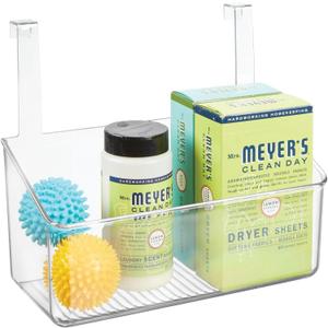 mDesign Plastic Over Cabinet Door Storage Organizer Bin for Kitchen, Pantry, Bathroom, Laundry, Utility Room - Hang Outside or Inside Door - Holds Lunch Bags, Shampoo, Cleaning Supplies, Large - Clear