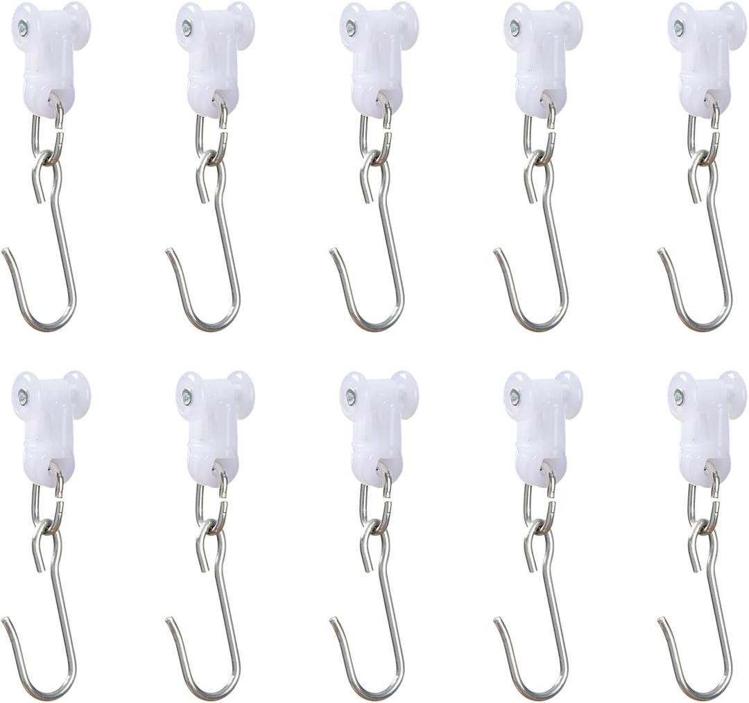 Stainless Steel Curtain Hooks with Dual Wheel - Curtain Track Hooks for Ceiling and Room Divider, 10 Pack