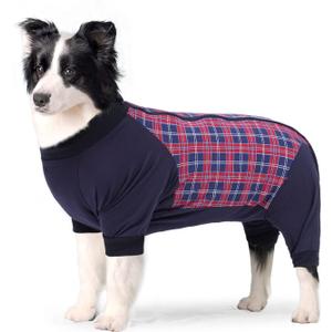 Dog Recovery Suit, Abdominal Wound After Surgery Wear, Anti Licking Bodysuit with Zipper, E-Collar & Cone Alternatives, Plaid Dog Spay Surgical Onesie Prevent Shedding (3XL, Red)