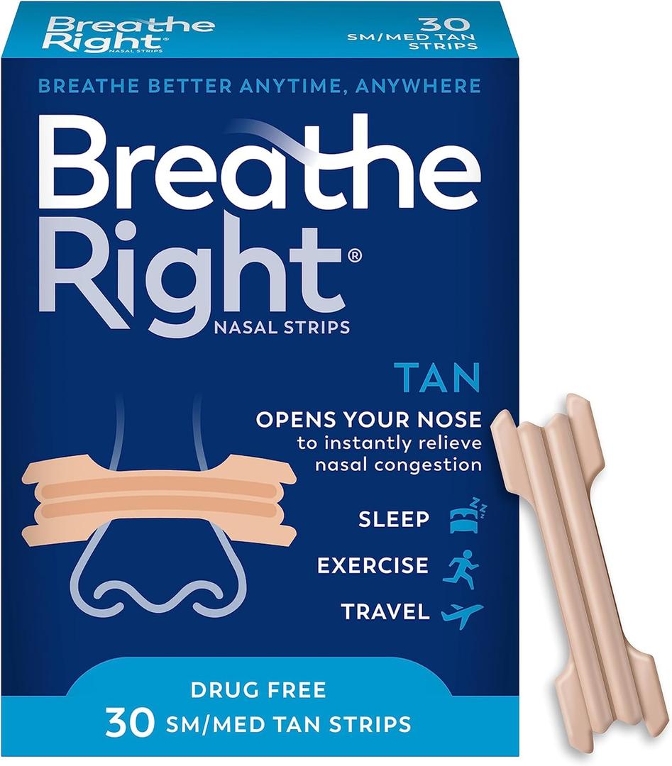 Breathe Right Nasal Strips, Extra Strength Tan Nose Strips, Drug-Free Nasal Congestion Relief for Better Breathing, Help Relieve Snoring, Caused by Colds & Allergies, Deviated Septum, Small/Medium