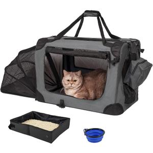 Prutapet Expandable Large Cat Carrier for 2 Cats Big Cat 20lbs+ Soft Sided Portable Crate 24"x16.5"x16.5" for Car Traveling Long Trips Ride with Collapsible Bowl and Litter Box