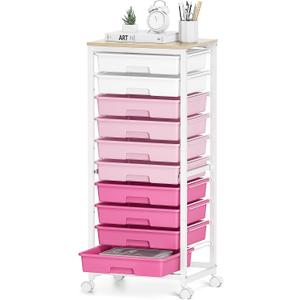 Rolling Cart with Drawers,10 Drawer Rolling Cart,Storage Cart,Utility Cart,Teacher Cart for Classroom Storage,Craft Cart with Wheels and Wooden Tabletop,Pink