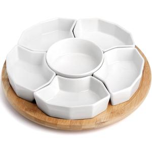 SOUJOY 11'' Lazy Susan Serving Tray, Porcelain 360 Rotatable Serving Tray and Platters, Removable Divided Serving Dishes, Party Relish Bowl for Chip, Dip, Veggies, Candy and Snack, Cheese, 7 Pieces