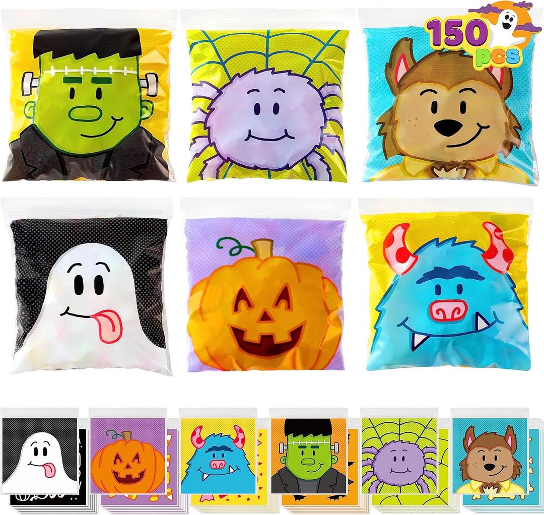 JOYIN 150 Pcs Halloween Cellophane Treat Bags, Candy Goodie Bags, Halloween Goody Gift Bag for Kid Trick or Treating, Small Ziplock Snack Cookie Bag Bulk for Classroom Party Favor Supplies in 6 Design