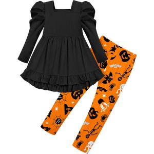 Qaoerde Toddler Girl Clothes Square Neck Ruffle Hem Long Sleeve Top Floral Print Leggings Fall Outfits Kids Clothing Sets (Black)