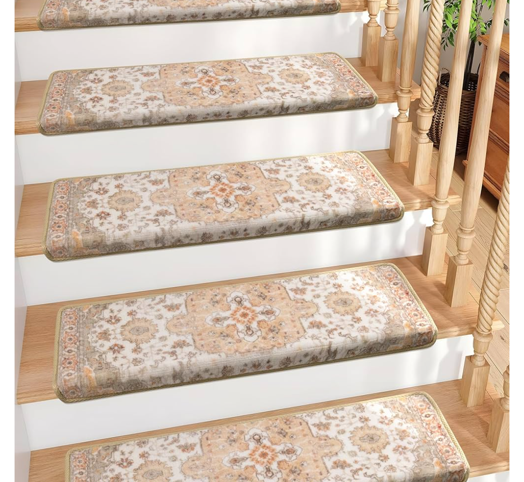 Bullnose Non-Slip Stair Treads for Wooden Steps, Carpet Stair Treads for Indoor Runner, Pet Friendly Soft Stair Rugs, Edging Stair Protectors Reusable, Washable, 30"x9.5"x1.5" 2pcs, Beige