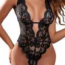 Aranmei Sexy Lingerie for Women Hollow Out Floral Lace Bodysuit One Piece Lingerie Deep V Teddy Babydoll Underwear Size M (Black)