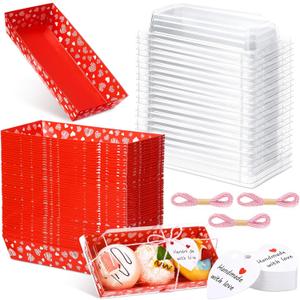 Frienda 50 Pack Valentine's Day Heart Charcuterie Boxes with Clear Lids 7.5x3.4x2.6 Inch Red Rectangle Bakery Box Small Disposable Dessert Food Containers for Wedding Sandwich Cookie Sushi Cake