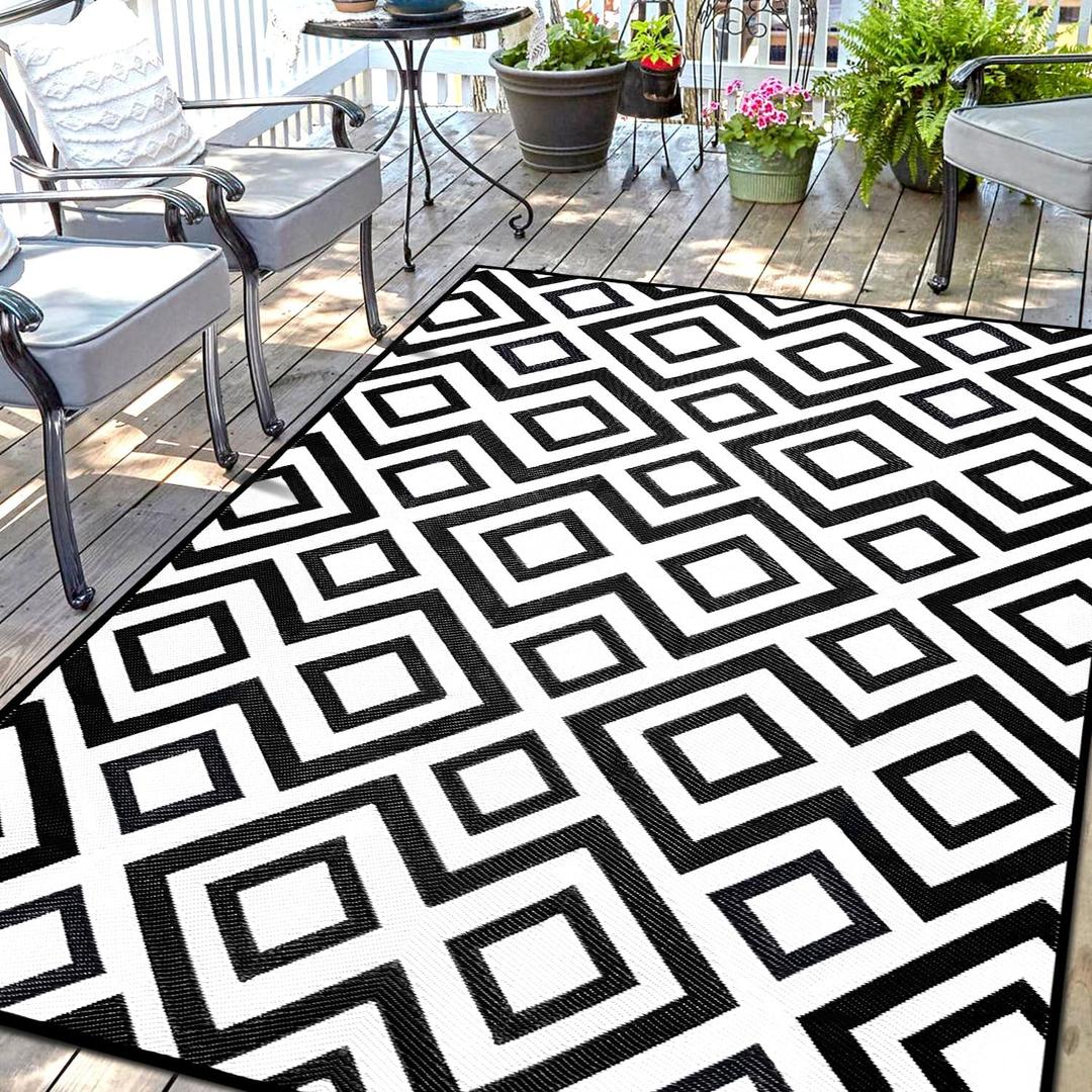Outdoor Rug Mat for Patio, 9x12ft Waterproof Reversible Plastic Straw Rugs, Camping Carpet Area Mats for RV, Porch, Deck, Backyard, Balcony, Camper, Trailer, Black & White (9 x 12 Feet, F.diamond/Blackwhite)