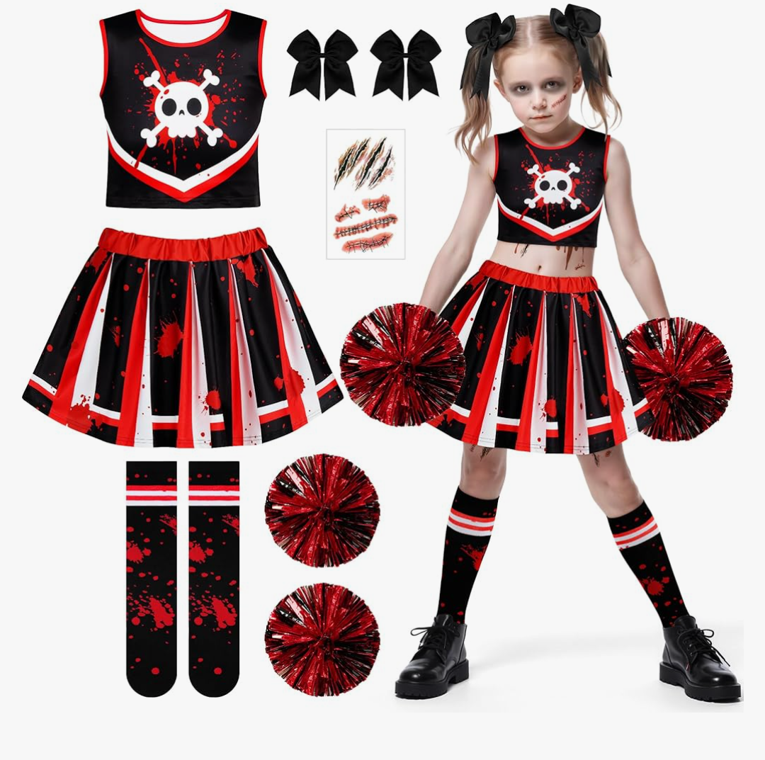 RUODON 9 Pieces Girls Halloween Cheerleader Costume Zombie Fearleader Costume Set Includes Top Skirt Socks Pompom Sticker Bow Size 10-12 years