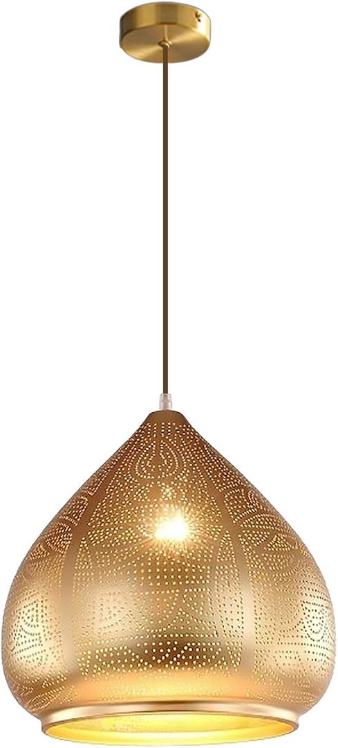 Farmhouse Vintage Pendant Light Fixture Metal Iron Moroccan Chandelier Hanging Lamp Kitchen Island Retro Ceiling Pendant lamp Loft Hollow Design Adjustable Cord Pnedant Lighting (Gold)