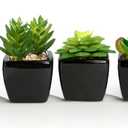 Nattol Modern Mini Artificial Succulent Plants Potted in Cube-Shape Black Ceramic Pots for Home Decor, Set of 4