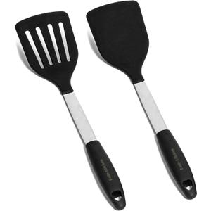 Silicone Spatula Set Heat Resistant - Stainless Steel Turner Spatulas Rubber Grip - Flexible Metal Spatulas for Non Stick Cookware - Pancake Turners Egg Flippers (Black)