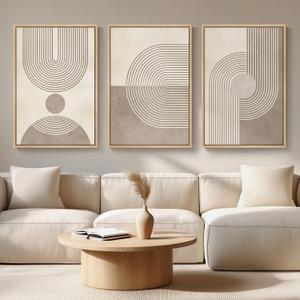 Framed Boho Neutral Abstract Wall Art for Living Room, Large 3 Piece Mid Century Modern Painting Prints, Minimalist Geometric Canvas Artworks for Dining Room Hallway Office Wall Decor, 24x36 In, 24" W X 36" H X 3pcs