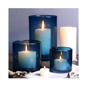 Candle Holder Set of 3 Blue Candle Holders for Pillar Candles, Seeded Bubbles Glass Candle Holder, Blue Glass Cylinder Vases for Table Centerpieces, Home, Patio