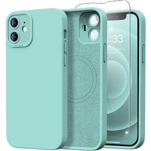 Designed for iPhone 12 Case with Screen Protector - Upgraded Camera Protection - Wireless Charging Compatible - Silicone Protective Phone Case 6.1" for Men Women Girls - Ice Teal