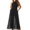 Allegra K Elegant Jumpsuit for Women's Summer Sleeveless Halter Neck Belted Wedding Chiffon Wide Leg Dressy Jumpsuits, Small, Dark Blue