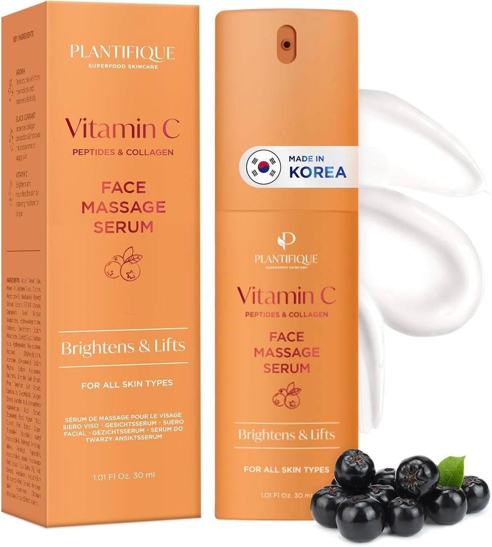 PLANTIFIQUE Korean Vitamin C Face Massage Serum  Hydrating Anti-Aging Collagen & Peptides Formula  Perfect for Gua Sha Facial Massage & Even Skin Tone Glow
