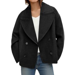 Tankaneo Womens Cropped Wool Blend Pea Coat Casual Long Sleeve Double Breasted Notched Lapel Overcoat Jackets, XL
