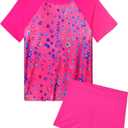 Snowheart Girls Swimsuit Short Sleeve Rash Guard with Shorts | For swimming, beach, pool parties. Super-soft, quick-drying, breathable. UPF 50+ sun protection. (Pink)