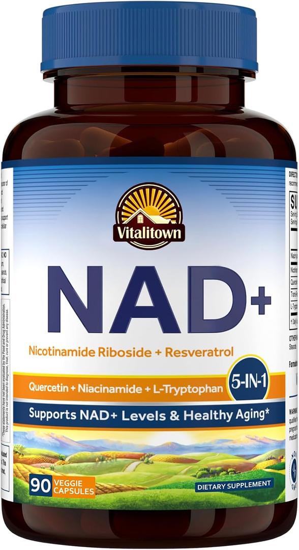 Vitalitown 5 in 1 NAD+, NMN Supplement Alternatives, Nicotinamide Riboside (NR), Trans-Resveratrol, Quercetin, Niacinamide, L-Tryptophan, for Cellular Energy, Heart, Skin, 90 Veggie Capsules