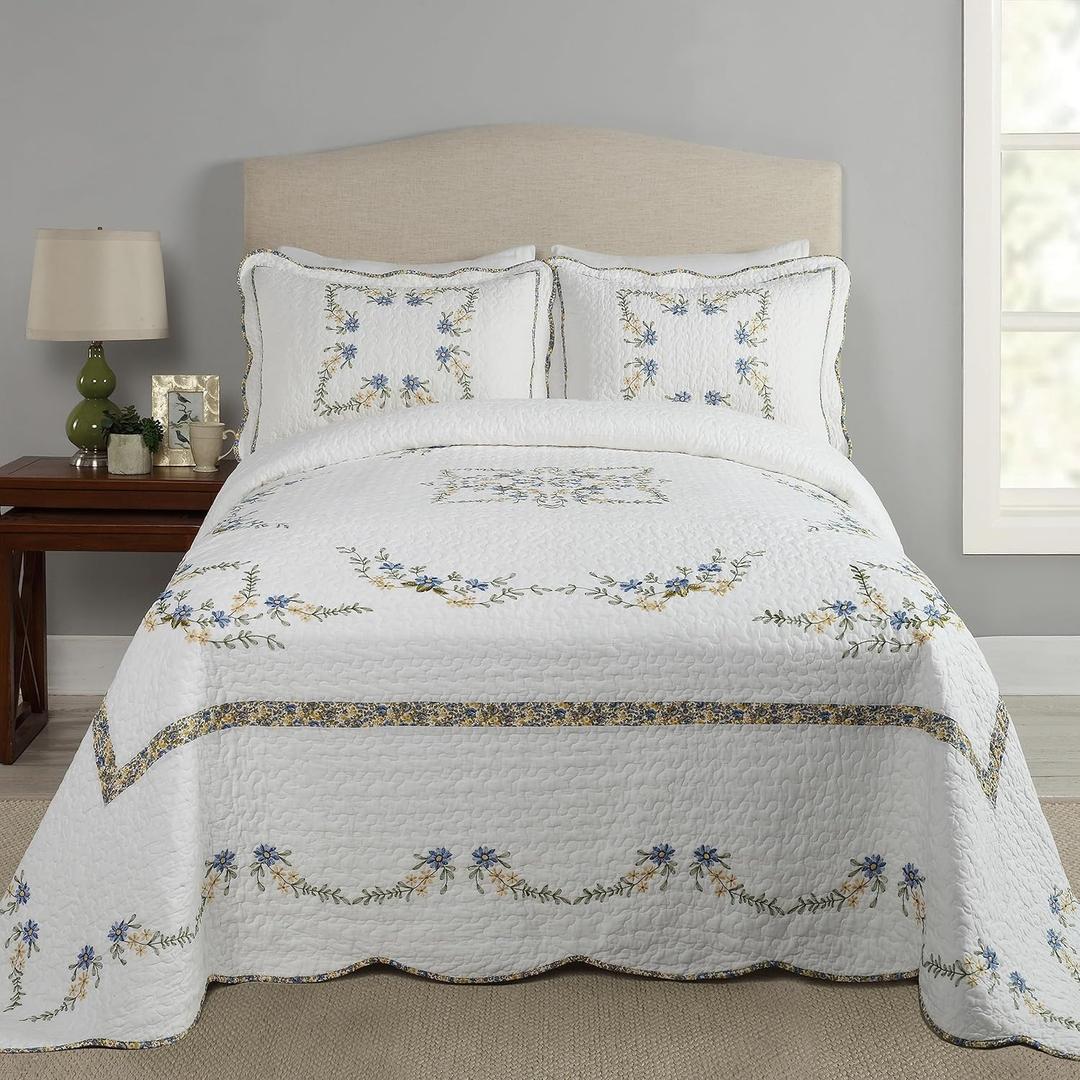 Heather Embroidered Bedspread - Lightweight Breathable All Seasons Bedding, King, 120x118, Blue/White