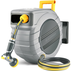 GLAHODEN 5/8 in x 100 ft Retractable Garden Hose Reel with Automatic Rewind
Wall Mount, Any Length Lock, UV Resistant,Heavy Duty, 180° Swivel, 3/4 in Brass Fitting, Easy to Assemble,9 Spray Patterns