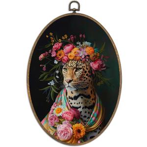SHQIEUDH Vintage Cheetah Floral Oval Wall Art 8.6x11.4, Maximalist Leopard Framed Canvas Prints Artwork, Green Trendy Retro Animal Oval Wall Hanging Decor for Teen Girls Bedroom Living Room Home