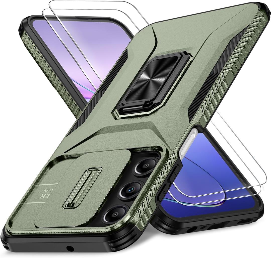Case for Samsung Galaxy A15 5G with Slide Camera Cover + Screen Protector(2 Packs), Military Grade Shockproof Protective, with Ring Kickstand (A - Green, Galaxy A15 (6.5"))