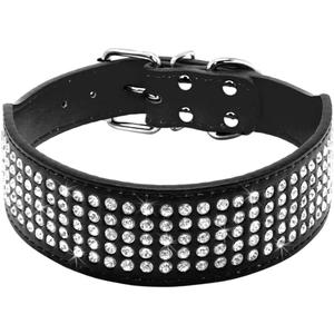 Serijoars Rhinestones Dog Collars, 2" Width Full Sparkly Crystal Diamonds Dazzling Sparkling Elegant Fancy PU Leather Dog Collar for Medium Large Dogs (L, Black)