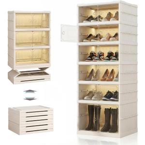 Folding Shoe Storage Cabinet with Clear Magnetic Doors, 6-Tier No-Assembly Shoe Rack Organizer, Stackable Large Capacity Shoe Box for Entryway, Closet, Fits Boots & Sneakers