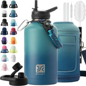DYSANKY Insulated Water Bottle | Thickened Stainless Steel Vacuum Metal | Portable Sports Half Gallon Large Water Jug for Gym and Hiking with Straw, Carrier Bag, Handle Strap | BPA-Free 64 oz (Peacock Green/Blue)