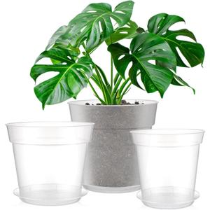 Baderke 3 Pack Clear Nursery Pot Plastic Nursery Pot Large Plant with Drainage Holes for Root Health Indoor Outdoor(8 Inches,9.25inches,9.65inches)