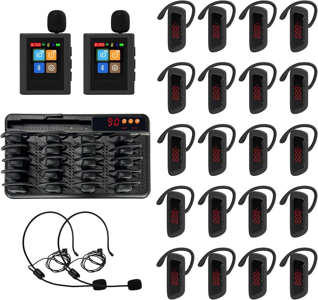 Tour Guide System, Wireless Tour Guide Microphone and Speaker, 21 Slot Charging Base, 140m/459ft Range, Tour Guide Speaker for Factory Training Teaching Church (2 Transmitter 20 Receivers)