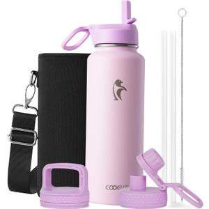 Coolflask Water Bottle 40 oz Insulated with Straw, Stainless Steel Metal 3 Lids Water Flask for Sports or Office, Keep Cold 48H Hot 24H, Pink