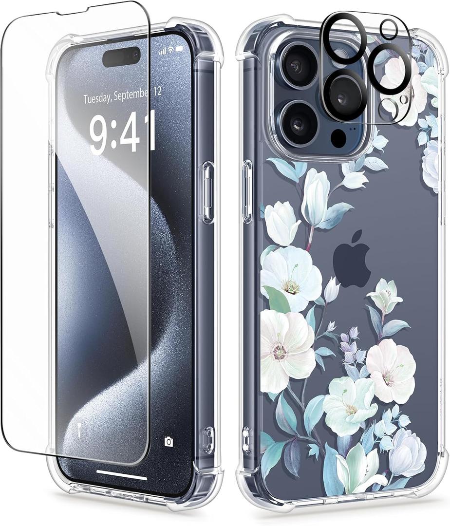 GVIEWIN for iPhone 15 Pro Case, [3 in 1] with Screen Protector & Camera Lens Protector, Clear Hard Shockproof Slim Fit Floral Phone Cover for Women Girls 2023 6.1" (Hibiscus)