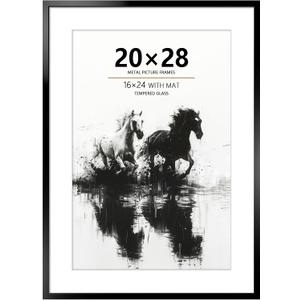 20x28 Metal Picture Frame - 20 x 28 Aluminum Puzzle Frame with Mat for 16x24 Photo, Tempered Glass Cover, Black Wall Hanging Photo Frame for Home Dcor
