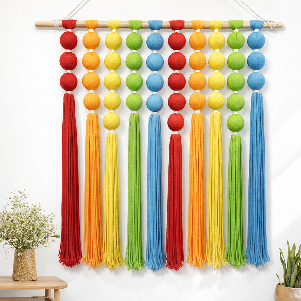 KaloKalo Macrame Wall Hanging Extra Large Handmade Tapestry Boho Decor Natural Cotton Rope Ball Textile Fiber Yarn Colorful Wall Art for Livingroom Bedroom Wedding Party 35.4" L by 33.8" H - Rainbow