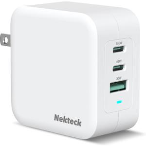 Nekteck 100W GaN USB C Fast Charger (3-Port) - PD 3.0 & QC 3.0 Compact Wall Charger for MacBook Pro/Air, iPhone 16/15/14, iPad, Galaxy S25/S24, PixelBook, Steam Deck, Laptops and More - Foldable (White)