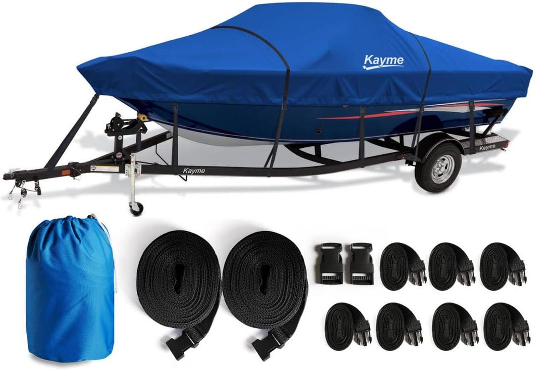 Kayme 1200D Heavy Duty Boat Cover for 16-18.5ft Boats - Waterproof, Tear Resistant with Reinforced Windproof Straps, Ideal for Fishing, Bass, Fish & Ski,V-Hull Boat. (Model C - Length:16'-18.5' Beam width: up to 94", Blue)