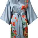 TicyLuck Women's Silk Kimono Robe Short Bathrobe Nightgown 100% Mulberry Silk for Women - Classic Floral Pattern (US, Alpha, One Size, Regular, Regular, Blue Gray)