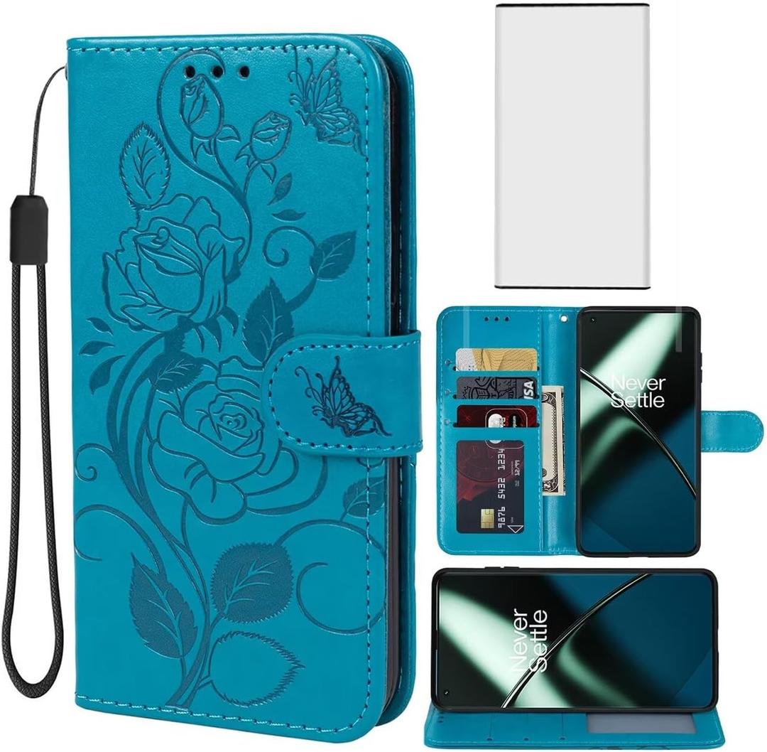 Case for OnePlus 11 Case, One Plus 11 5G PHB110 Wallet Case with Tempered Glass Screen Protector, Flower Leather Flip Credit Card Holder Stand Phone Cover Cases for OnePlus 11 5G Blue